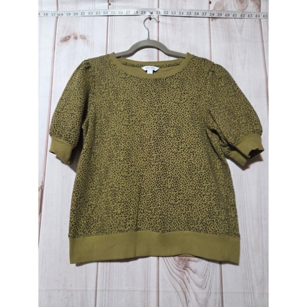 Nine West Womens Olive Green Leopard Print Short‎ Puff Sleeve Sweatshirt Large